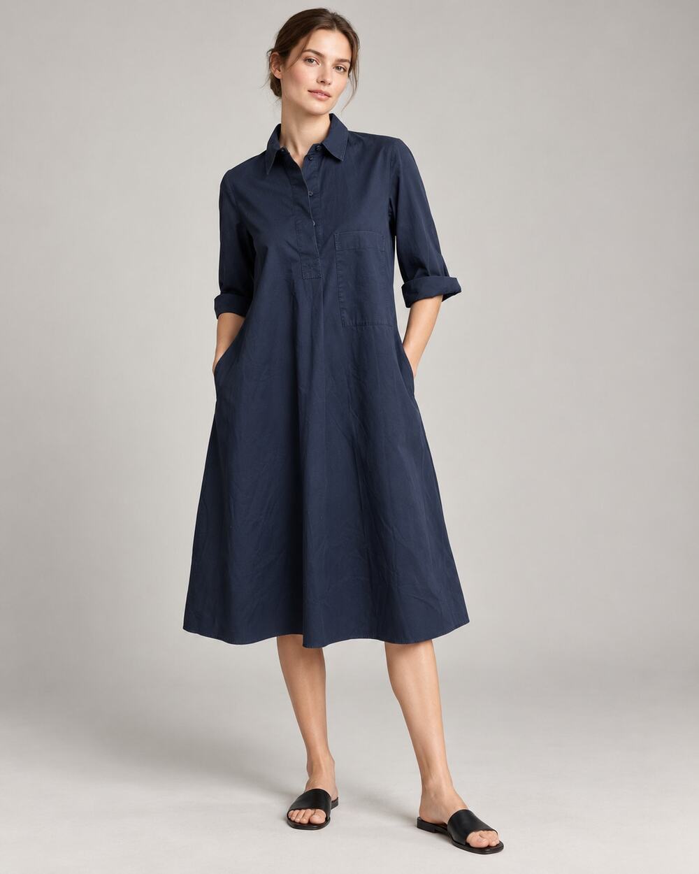 COS Navy Popover Shirt Dress US 2 Cotton Stretch A-Line Pockets Minimal